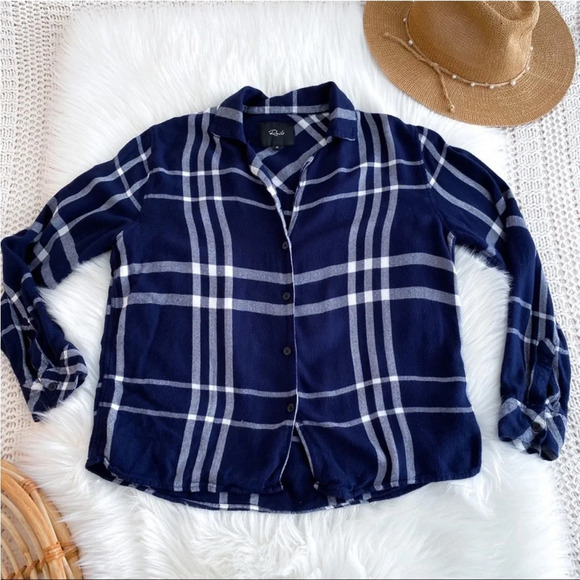 Rails Long Sleeve Trouser Pajama Top Shirt Navy Blue White Plaid Flannel XS - Picture 8 of 16